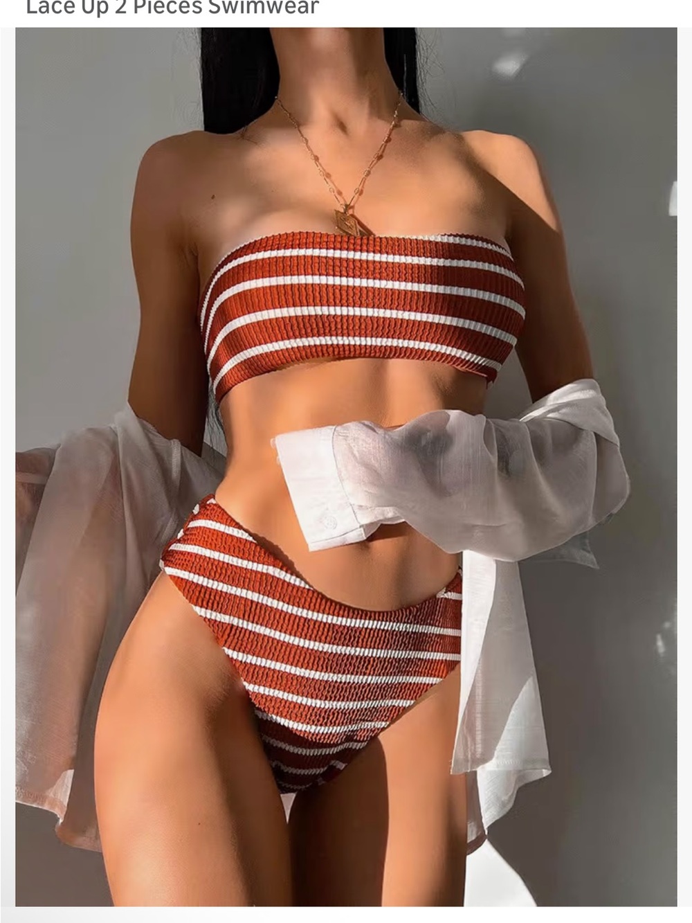 Zaful NWT M Striped BANDEAU (or straps) SEXY Rust White textured Bikini Set